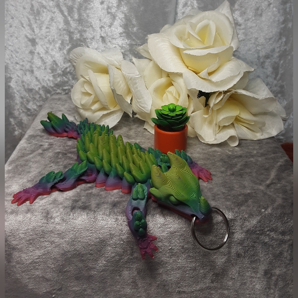 Handmade 7" Long 3D Printed Articulated Dragon Key Chain Blue
